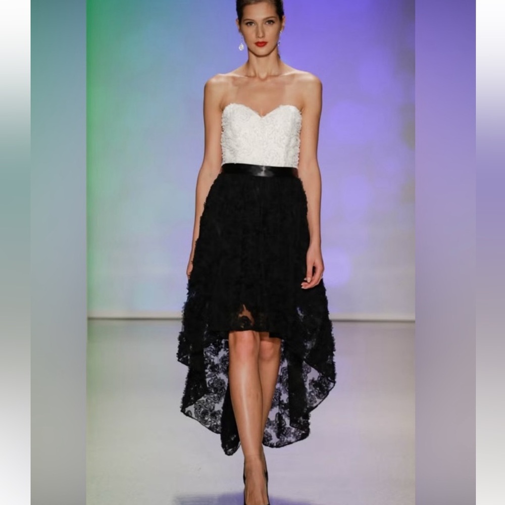 Strapless Black and White Hi-Low Lace Wedding Dress